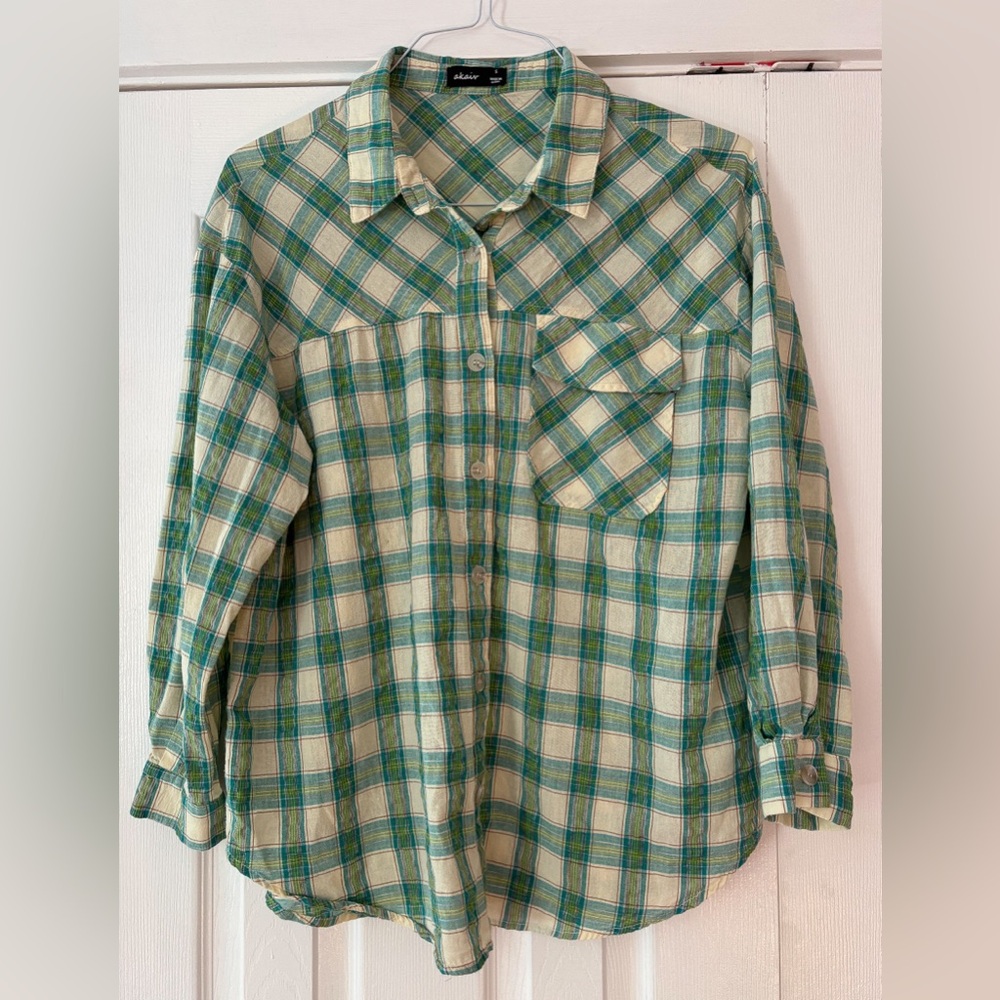 Akaiv Plaid Button Down Shirt -‎ Green and Blue Size Small EUC